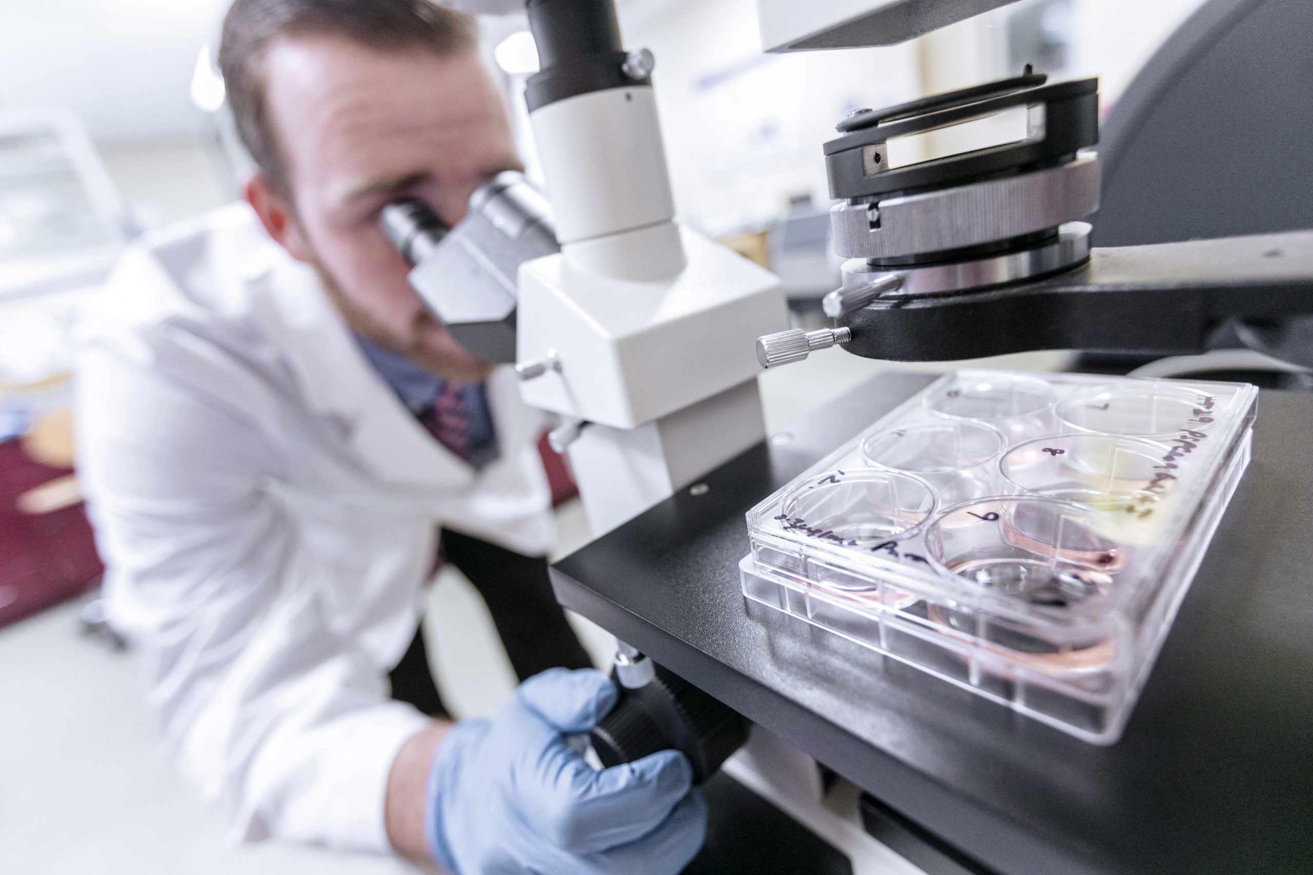 male science student looking in microscope